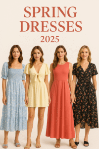 Four models displaying different styles of spring dresses against a neutral background.